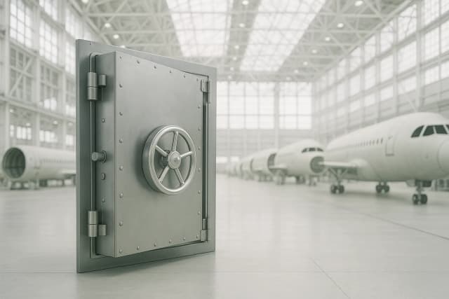 Lourde porte blindée de chambre forte ouverte au milieu d'un immense hall d'assemblage aéronautique à l'aube, tronçons de fuselage alignés en arrière-plan, le volant de verrouillage accrochant la lumière froide du matin