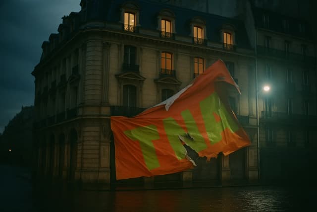 Façade de grand magasin haussmannien dont le rez-de-chaussée est recouvert d'une bâche publicitaire criarde à moitié décollée, lumière de fin de journée