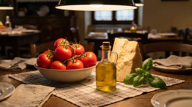 Table de trattoria italienne rustique avec tomates rouges, parmesan, huile d'olive et basilic