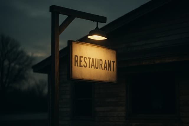 Enseigne de restaurant au bord d’une route, salle visible et lumières nocturnes : illustration éditoriale.