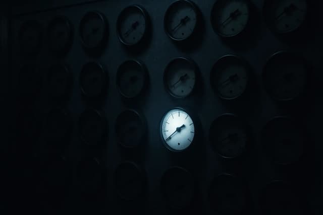 Mur de compteurs analogiques dont un cadran est éclairé : illustration éditoriale de la mesure.