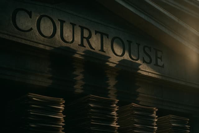 Mot unique gravé en capitales sur le fronton d’un palais de justice, dont l’ombre portée dessine des liasses de documents empilés