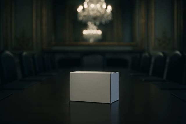 Boîte de médicament banalisée blanche posée seule au centre d'une table de conseil des ministres vide, dorures et lambris flous en arrière-plan
