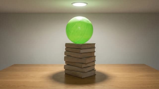 Ballon vert vif en équilibre sur une pile de gros livres reliés
