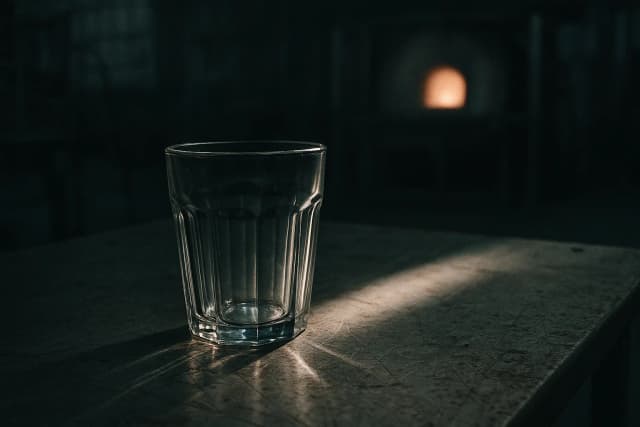 Verre à facettes vide posé au centre d'un établi d'usine, traversé par un rayon de lumière qui projette des reflets sur le métal froid, four éteint en arrière-plan flou