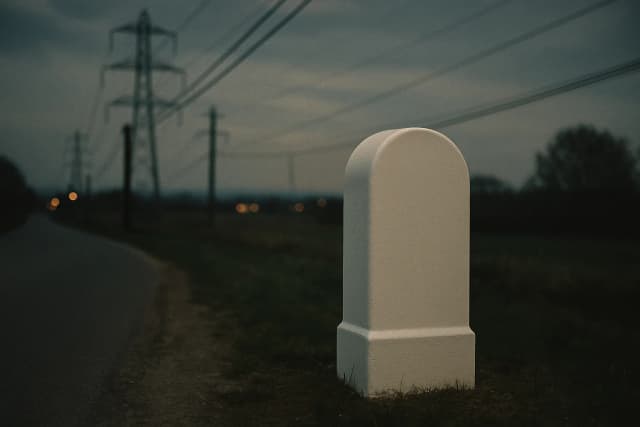 Borne routière blanche dans un paysage : illustration éditoriale de la continuité d’un repère.