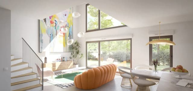 Séjour lumineux avec mezzanine et baies vitrées, visuel Hexaom