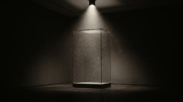 Vitrine de musée vide éclairée par un seul spot