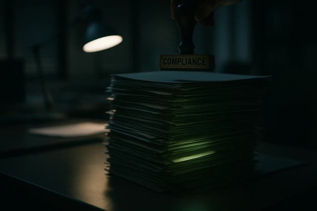 Tampon et pile de dossiers éclairés dans un bureau : illustration éditoriale de la conformité.