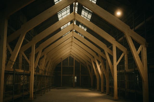 Immense charpente en bois lamellé-collé en cours de montage sous une verrière lumineuse, la lumière du jour inondant les poutres pâles qui s'élèvent comme une nef, atelier de construction bois