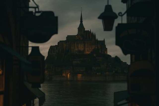 Monument insulaire au-dessus d’une baie avec des boutiques au premier plan : illustration éditoriale.