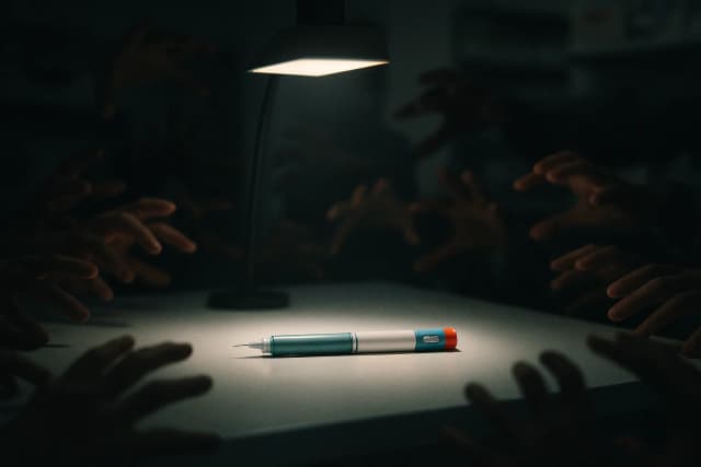 Un stylo d'injection médical posé sur un comptoir de pharmacie éclairé, une multitude de mains floues tendues vers lui depuis l'ombre alentour, lumière clinique et un accent chaud