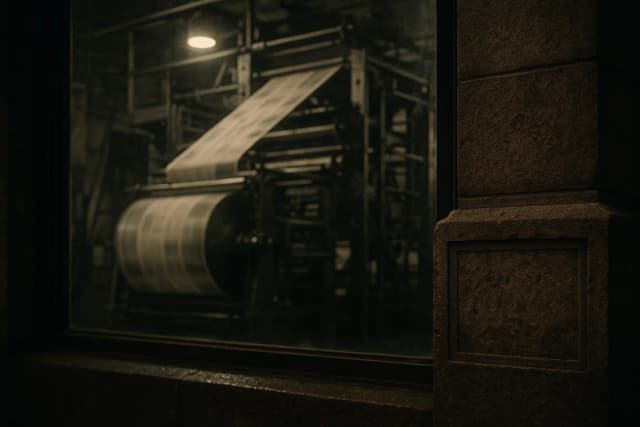 Rotative de presse tournant dans la nuit derrière une vitre, et au premier plan, scellée dans le mur du bâtiment, une plaque de fondation gravée