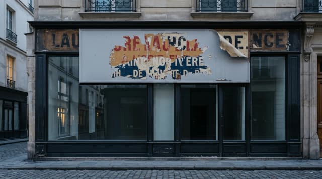 Façade stylisée et couches d’enseignes, illustration métaphorique des changements d’une entreprise de commerce.