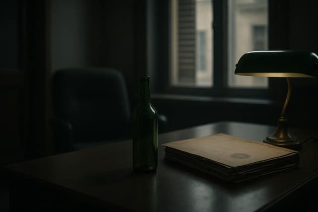 Bouteille de verre vert anonyme posée sur un bureau administratif, à côté d'un dossier tamponné et d'une lampe de préfecture, lumière froide de fin de journée