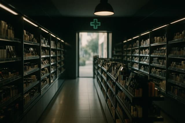 Espace de vente lumineux aux rayonnages larges et à la croix verte, illustration des différents usages d’une grande officine