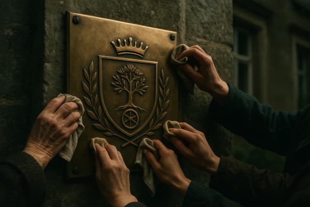 Plaque de laiton gravée d'un emblème collectif, vissée à l'entrée d'une maison de campagne, que plusieurs mains différentes astiquent tour à tour sans qu'aucune ne la possède seule