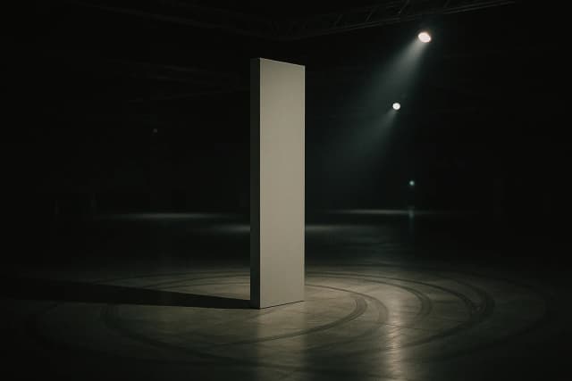 Stand d'exposition vide la nuit après un salon automobile, un grand totem d'enseigne vierge et sans lettrage encore dressé en son centre alors que toutes les voitures ont été évacuées, traces de pneus sur le sol poli, projecteurs résiduels froids