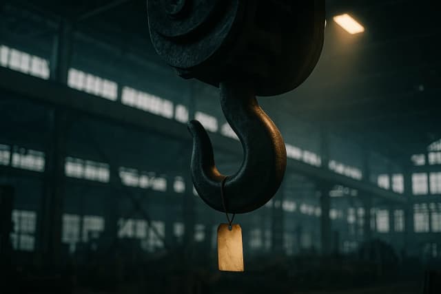 Petite étiquette de fromage artisanale en papier suspendue au crochet d'une grue industrielle géante dans une halle d'usine