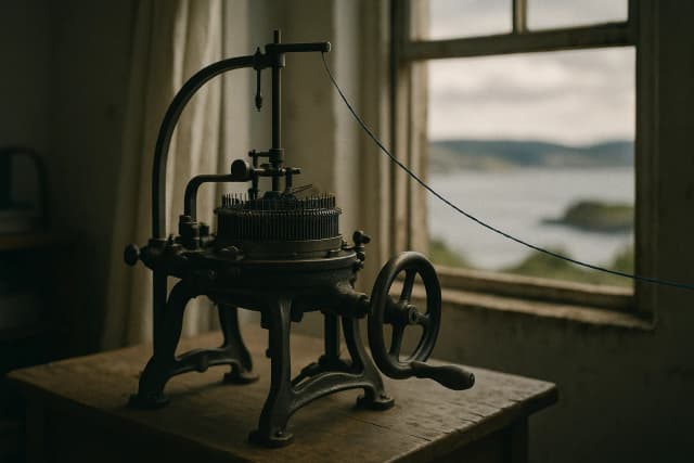 Métier à tricoter ancien en fonte parfaitement entretenu dans un atelier lumineux, fil marin bleu profond tendu vers une fenêtre ouverte sur un paysage de baie