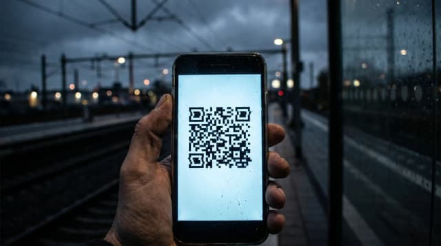 Téléphone devant un quai de gare, illustration conceptuelle des difficultés de transition numérique