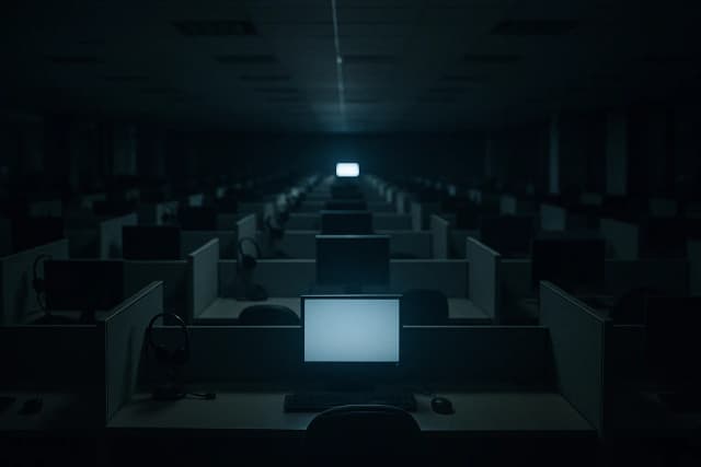 Plateau de centre d'appels vide la nuit, des centaines de casques posés sur les bureaux, un seul écran allumé affichant deux lettres lumineuses abstraites