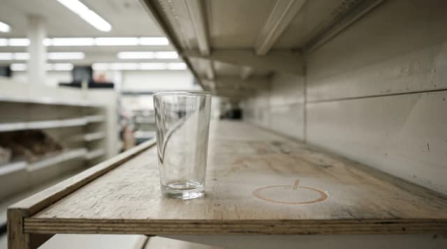 Verre vide posé sur une étagère de supermarché vide à côté de la trace en poussière d'une orange à la paille retirée
