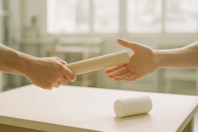 Un relais de course en bois clair passant d'une main à une autre au-dessus d'un établi d'atelier baigné de lumière du jour, un rouleau de gaze blanche posé à côté