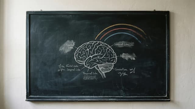 Cerveau humain dessiné à la craie blanche sur ardoise noire avec trois courbes colorées émanant comme un arc-en-ciel sobre