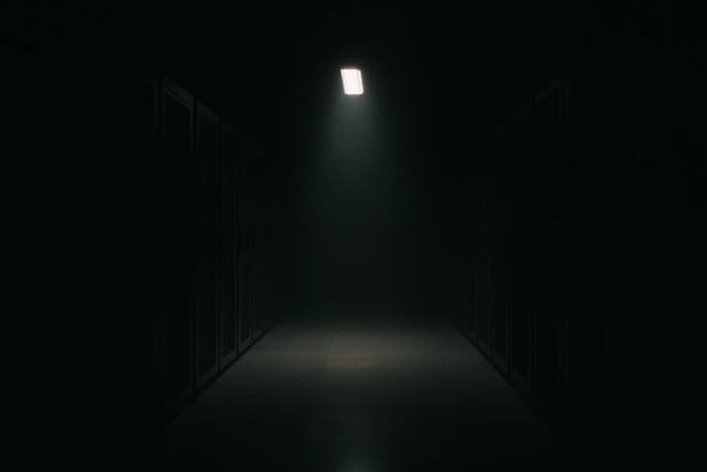 Immense salle de serveurs plongée dans le noir, une seule allée brutalement éclairée par un projecteur venu du plafond qui découpe un rectangle de lumière sur le sol, le reste de l'installation restant invisible
