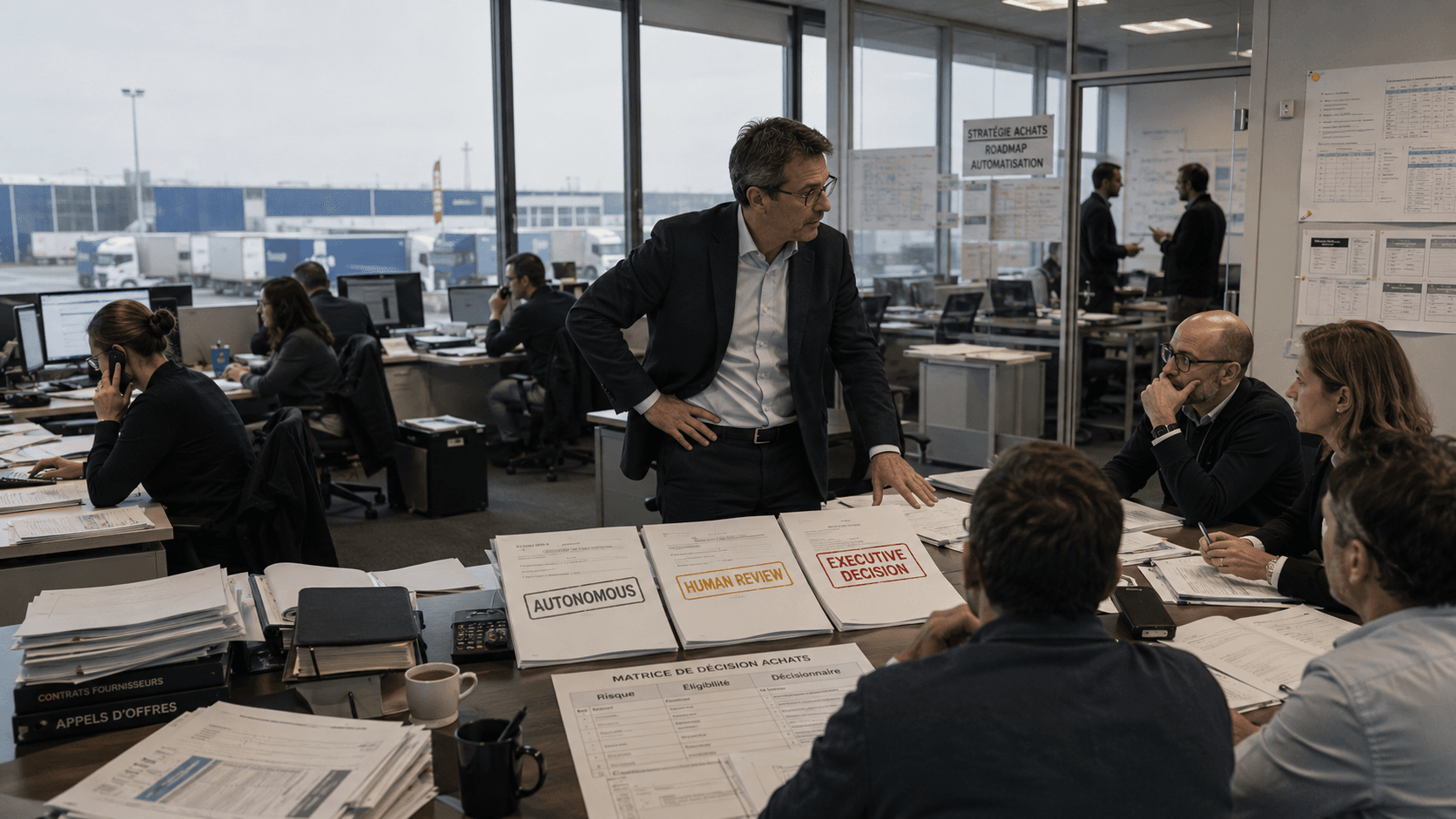 Reunion de strategie achats dans un bureau logistique, matrice de decision autonome, revue humaine, decision executive
