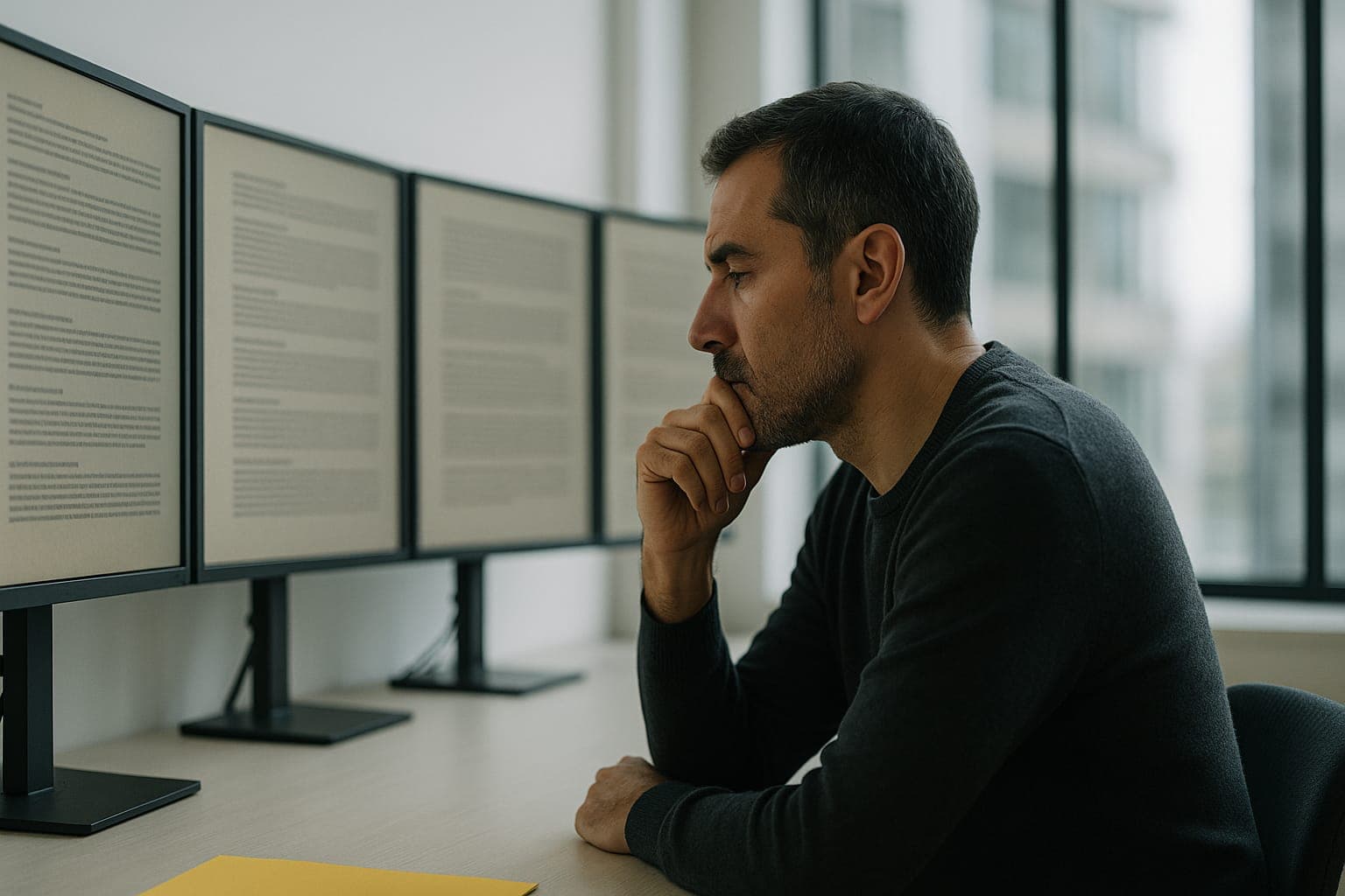 Un homme seul dans un bureau lumineux examine quatre ecrans affichant des blocs de texte distincts, main au menton, air concentre. Illustration de l audit de citabilite dans les IA, charte visuelle ELMARQ.