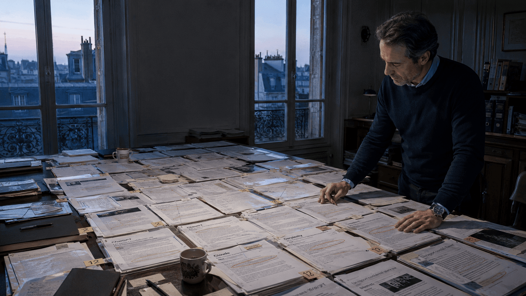 Un analyste passe en revue des sorties d IA imprimees et annotees, etalees sur une grande table, lumiere de fin de jour parisienne