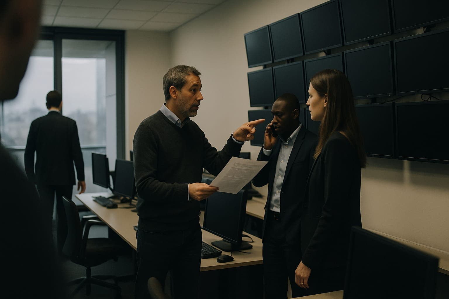 Salle d operations d entreprise, mur de moniteurs eteints, equipe en discussion tendue