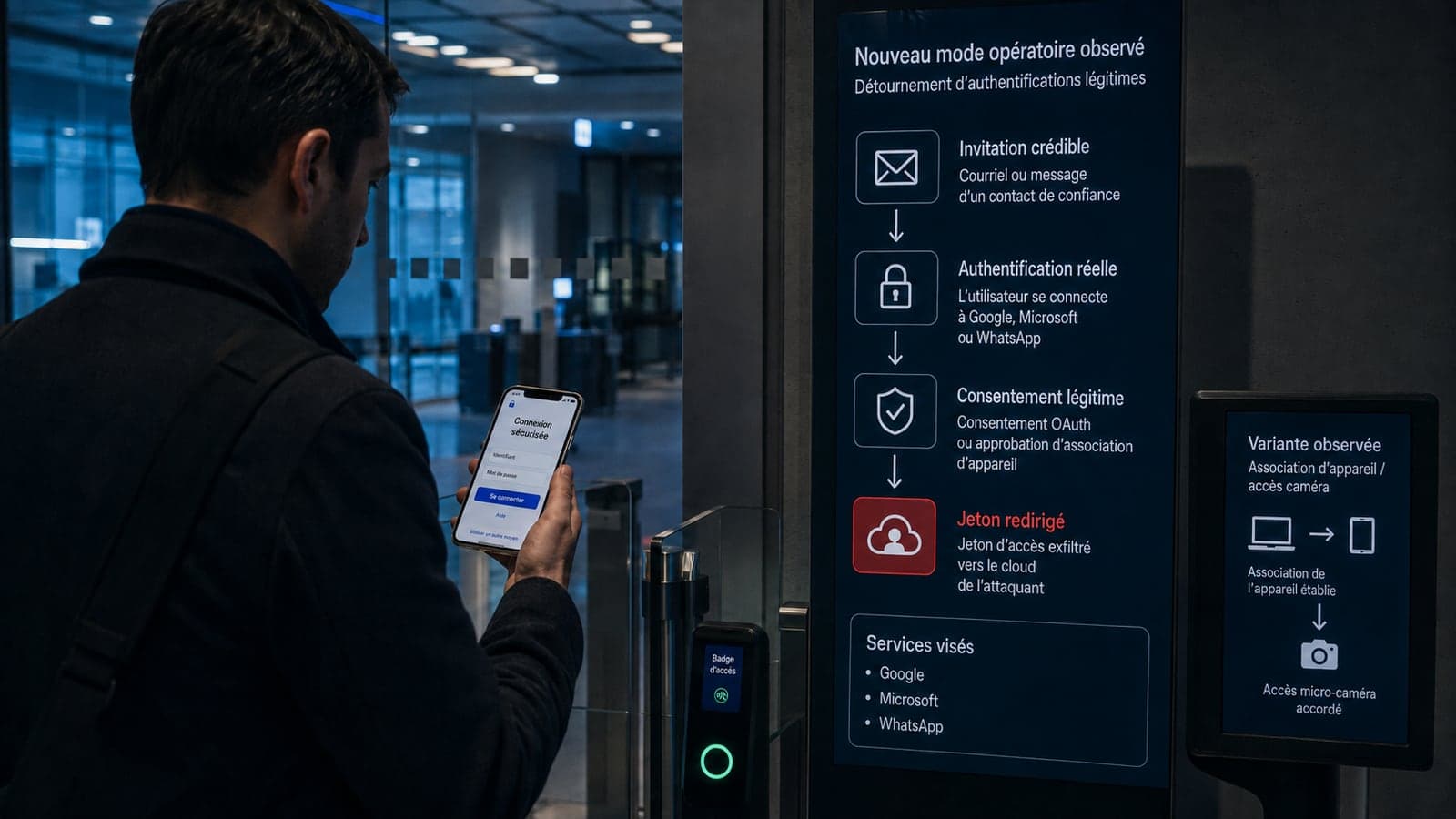 Dans le hall d'un immeuble de bureaux, un homme de dos consulte sur son telephone un formulaire de connexion securisee devant un portique de controle d'acces, a cote d'un panneau numerique qui detaille le mode operatoire observe en quatre etapes, invitation credible, authentification reelle, consentement legitime et jeton d'acces redirige vers le cloud de l'attaquant, avec Google, Microsoft et WhatsApp cites comme services vises