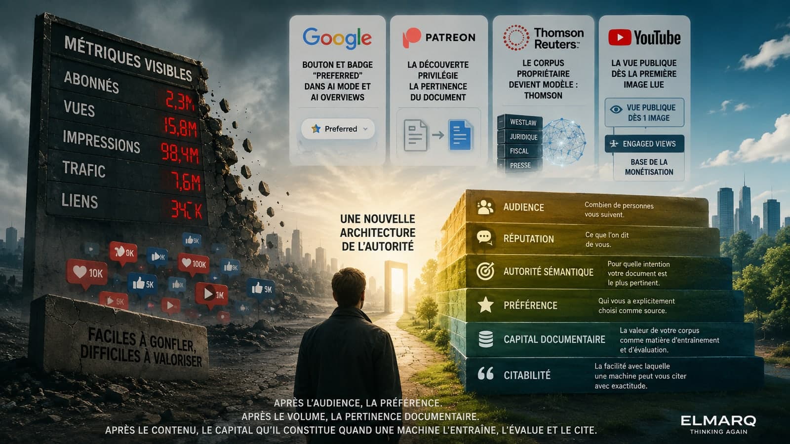 Infographie : d'un côté un tableau de métriques visibles d'audience qui s'effrite, faciles à gonfler mais difficiles à valoriser ; de l'autre un escalier des six couches de l'autorité, audience, réputation, autorité sémantique, préférence, capital documentaire et citabilité ; en haut, les mouvements de Google, Patreon, Thomson Reuters et YouTube