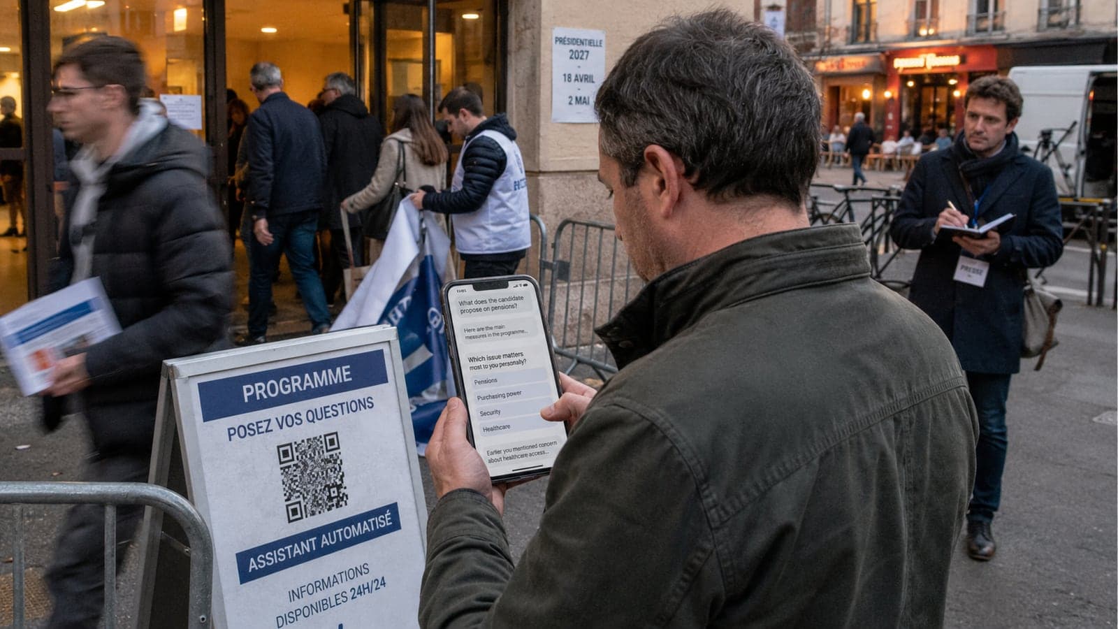 Dans la rue devant un lieu de campagne, un citoyen consulte sur son téléphone un assistant conversationnel politique qui lui pose des questions personnalisées ; un totem indique un assistant automatisé disponible 24h/24, une affiche rappelle les dates de la présidentielle 2027, un journaliste prend des notes