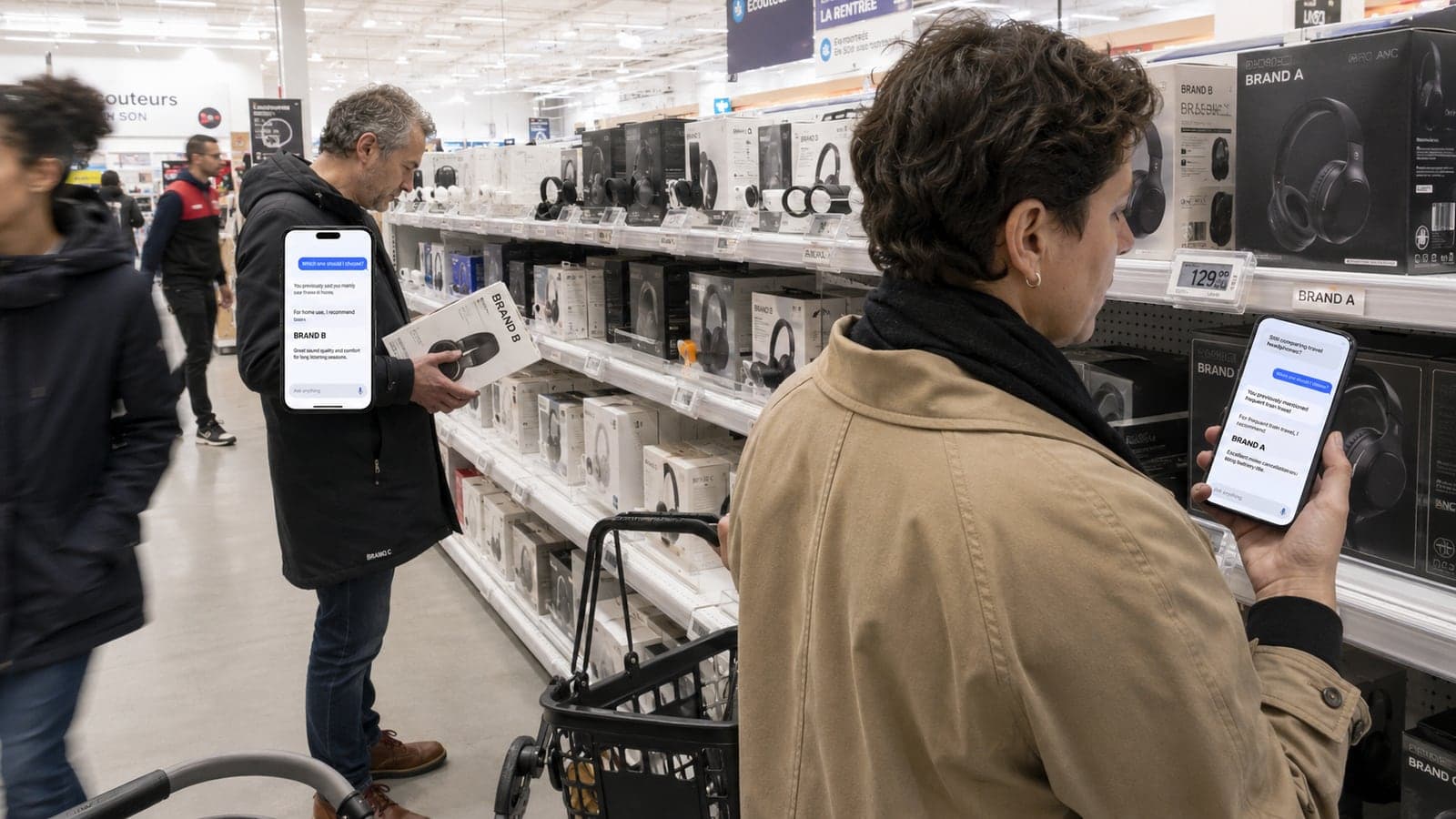 Dans le rayon casques d'un magasin, deux clients consultent chacun un assistant IA qui leur recommande une marque différente selon leurs usages déclarés, illustrant une surface de décision personnalisée au moment de l'achat