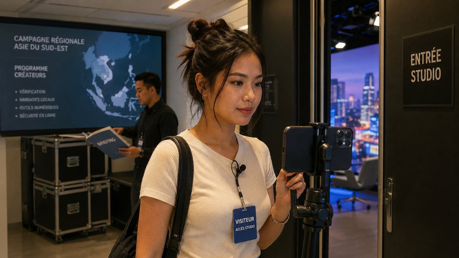 Dans le hall d'un studio, une jeune créatrice de contenu d'Asie du Sud-Est, badge visiteur accès studio autour du cou, se filme avec un smartphone sur trépied devant un écran affichant une campagne régionale Asie du Sud-Est et un programme créateurs (vérification, narratifs locaux, outils numériques, sécurité en ligne), tandis qu'un homme consulte un briefing.
