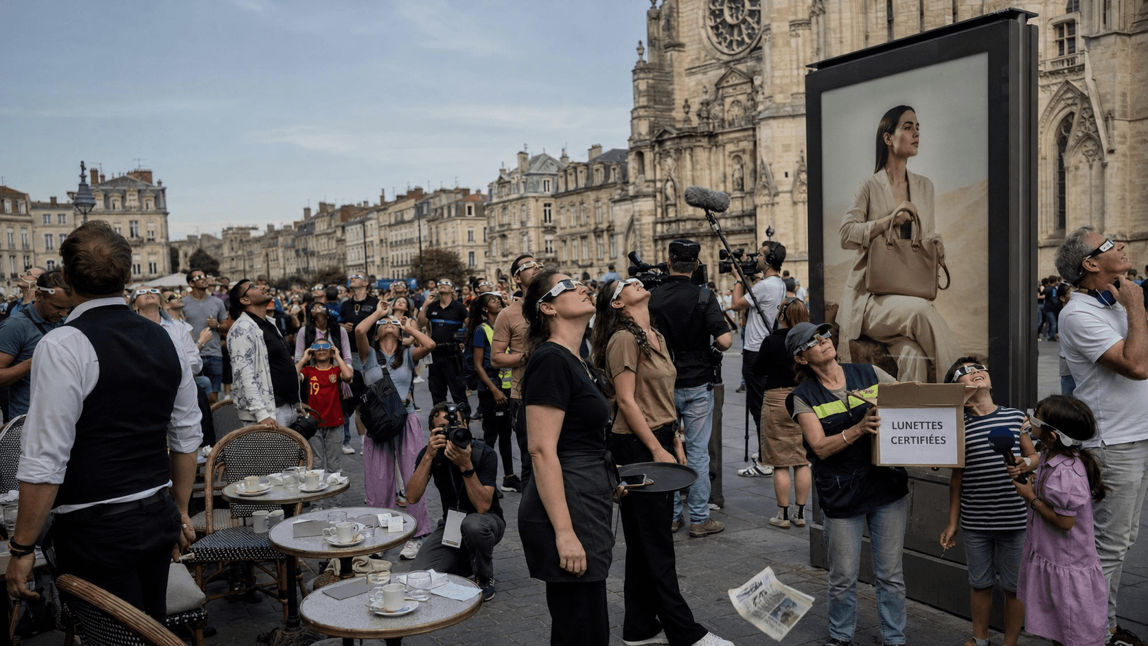 Foule sur une place de cathedrale francaise observant l eclipse avec des lunettes, terrasse de cafe, camera de television et distribution de lunettes certifiees