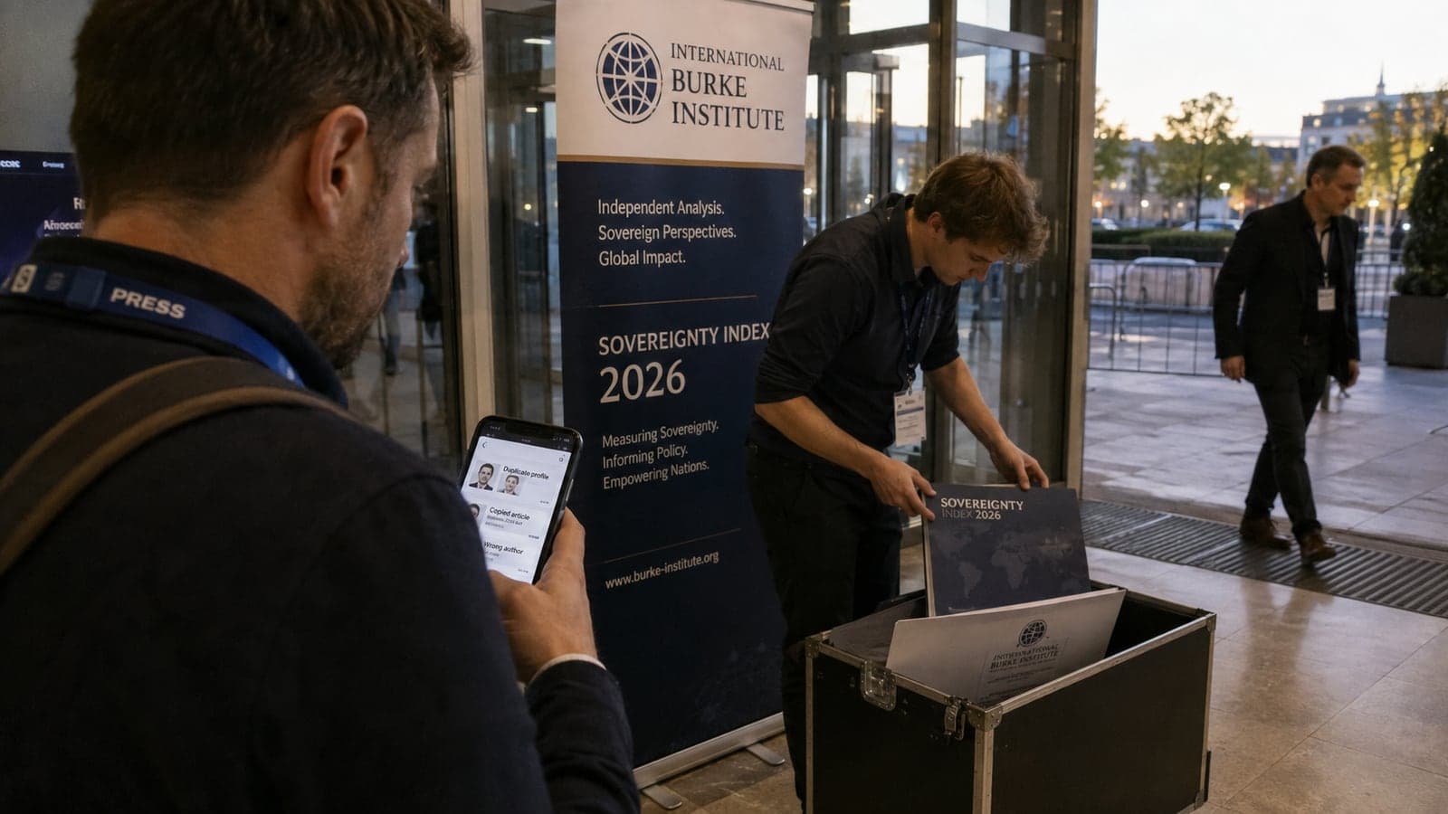 Un journaliste de presse vérifie sur son téléphone la fiabilité d'un institut qui se présente comme indépendant et déballe son « indice de souveraineté » : l'écran signale un profil dupliqué, un article copié et un mauvais auteur, illustrant une source fabriquée en cours de mise à nu