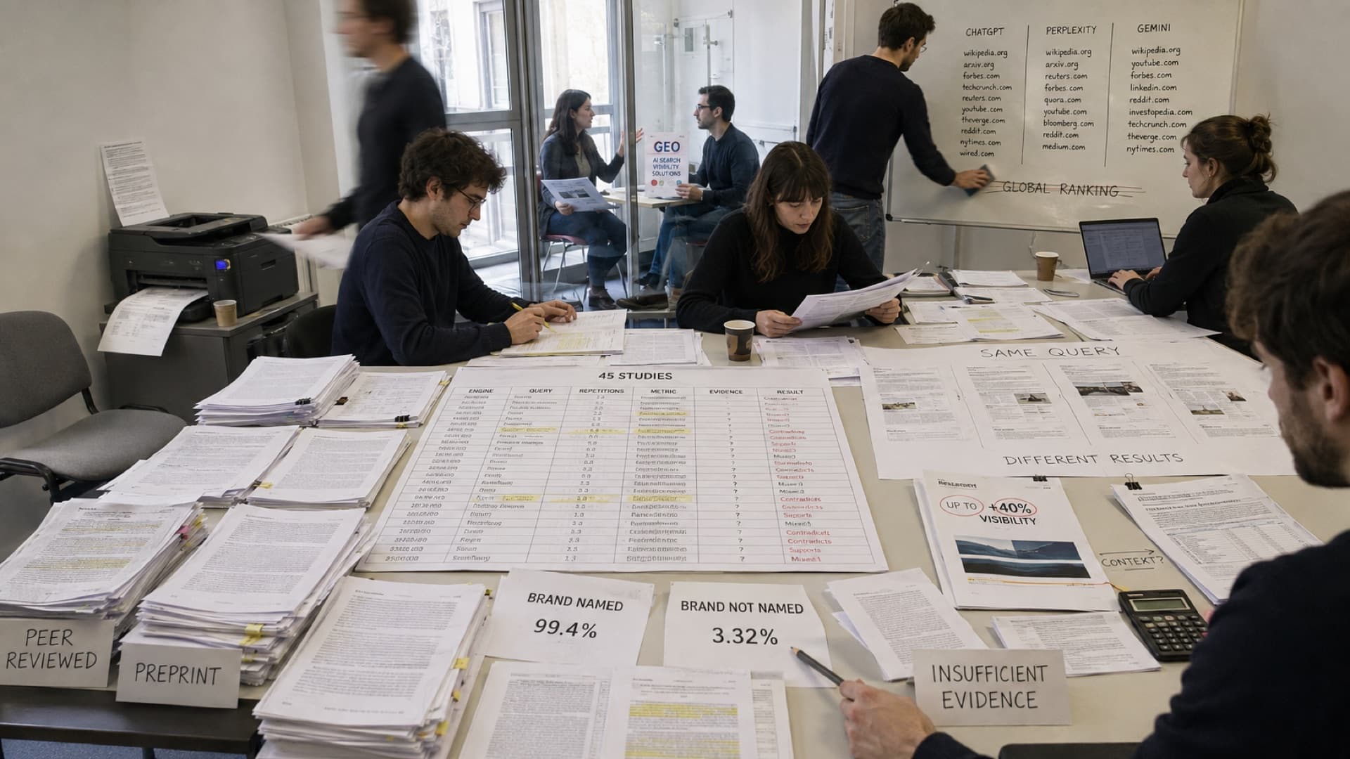 Salle d'analyse : chercheurs dépouillant 45 études de référencement dans les IA, tableaux des sources par moteur (ChatGPT, Perplexity, Gemini), affiches PEER REVIEWED, PREPRINT, 99,4 % marque nommée contre 3,32 % non nommée, +40 % de visibilité et preuve insuffisante