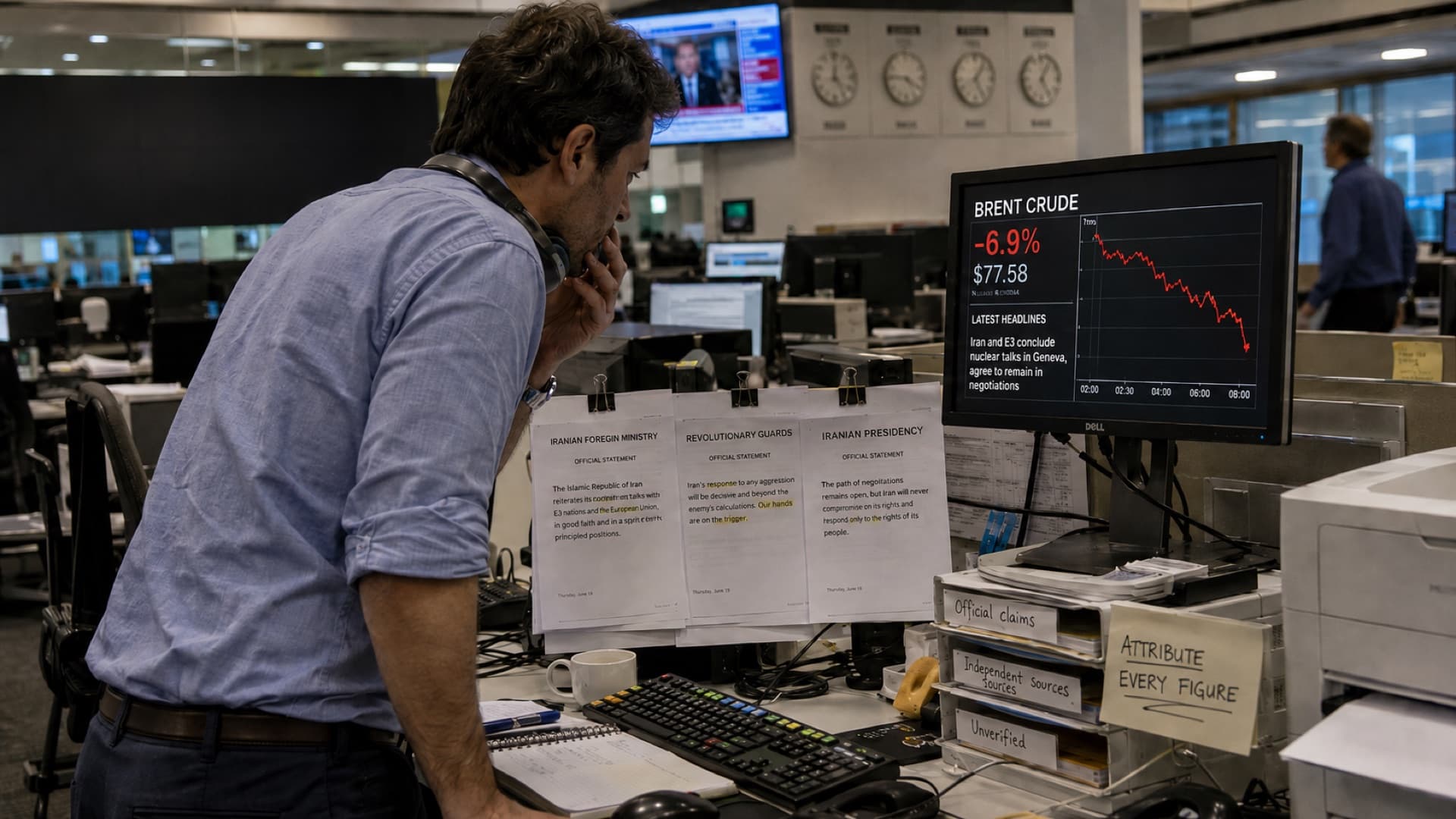 Salle de marché et de rédaction couvrant la guerre d'Ormuz : le Brent en baisse d'environ 7 pour cent après l'annonce de négociations, les trois déclarations officielles iraniennes (ministère, Gardiens de la Révolution, présidence), les bannettes Official claims, Independent sources et Unverified, et la consigne Attribute every figure