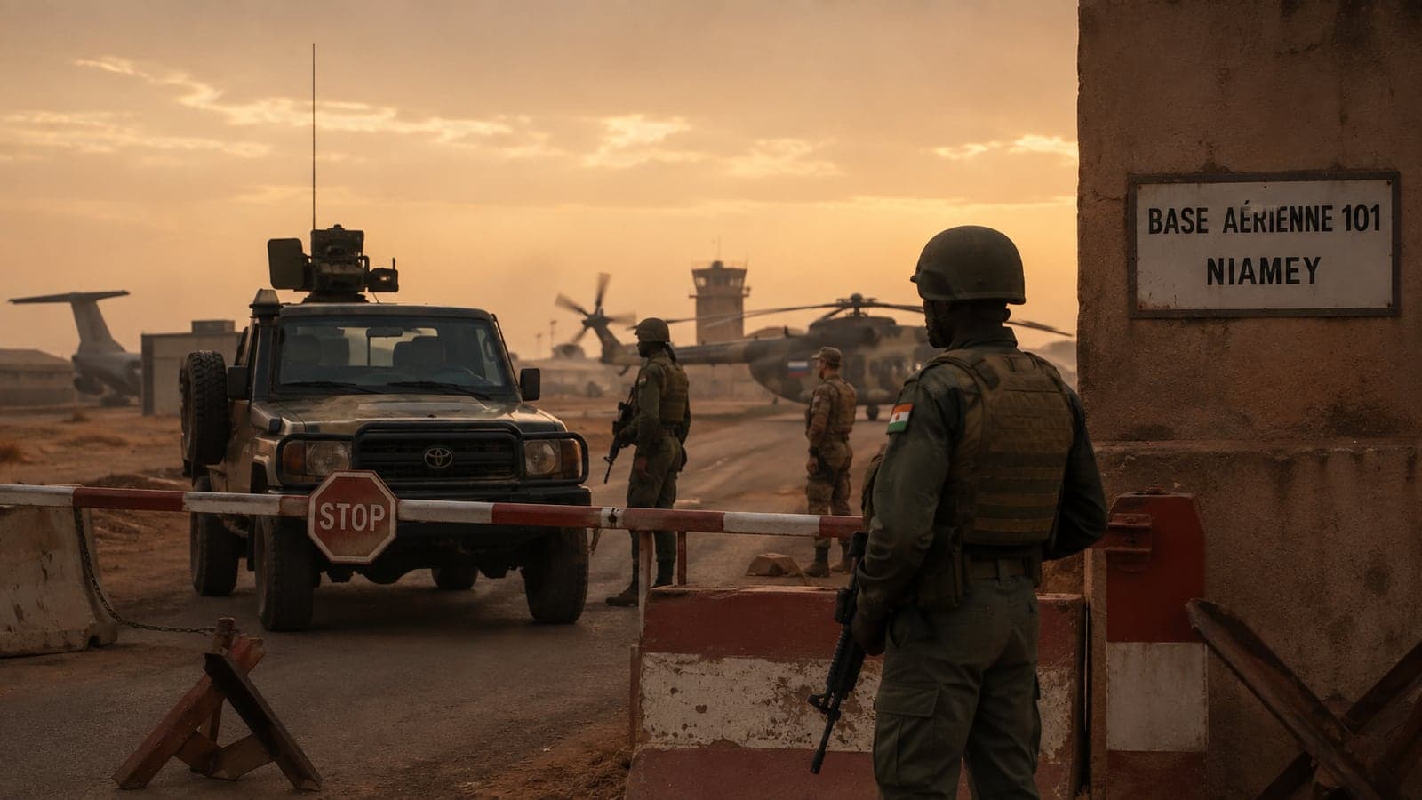 Au poste de contrôle de la base aérienne 101 de Niamey au crépuscule, un soldat nigérien monte la garde près d'une barrière STOP, tandis qu'un pick-up armé et des militaires stationnent sur le tarmac devant un hélicoptère portant un drapeau russe, une tour de contrôle et un avion de transport, illustration de la présence russe aux côtés de l'armée nigérienne.