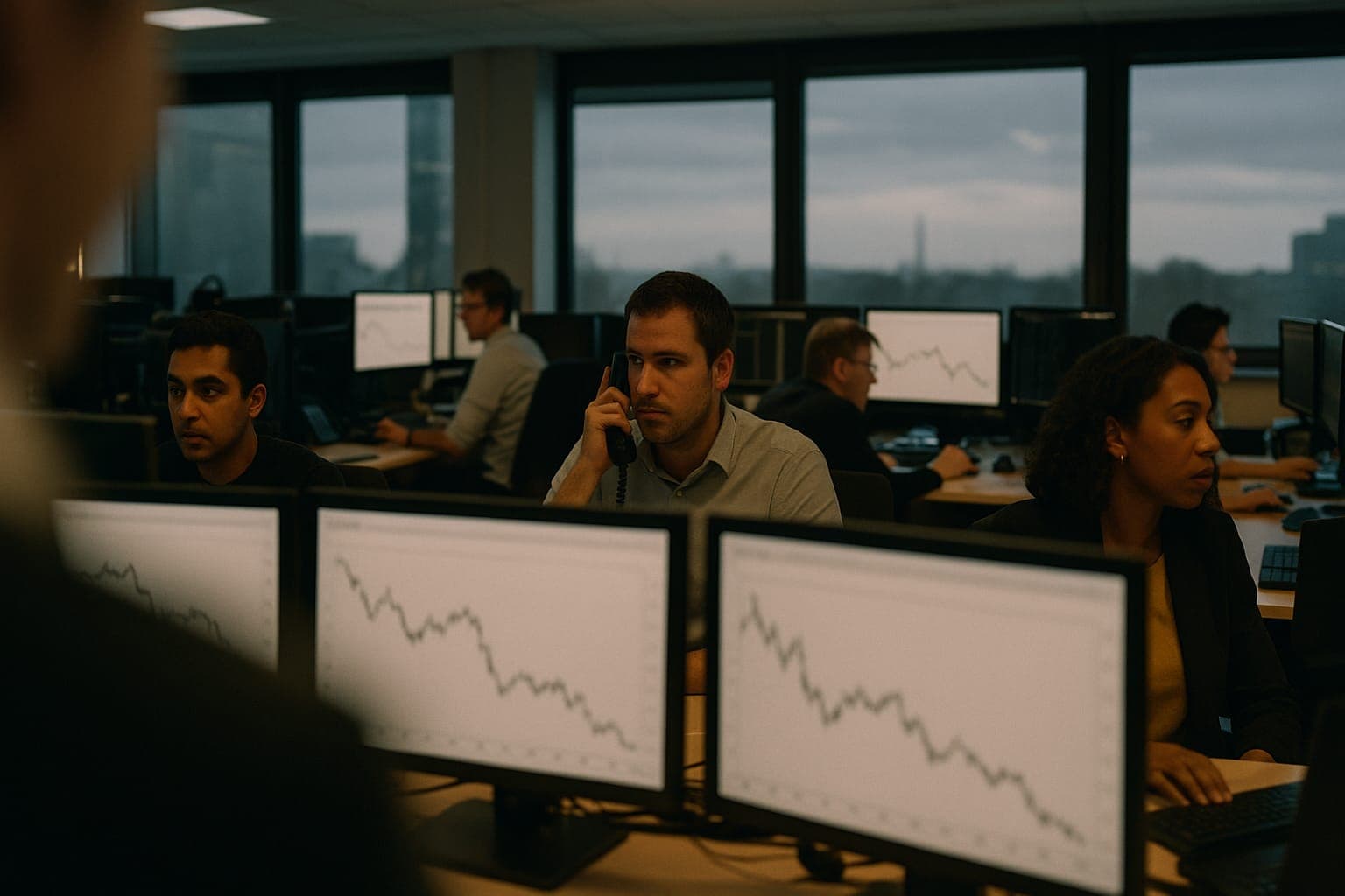 Analystes en salle de marche face a des ecrans de courbes au crepuscule