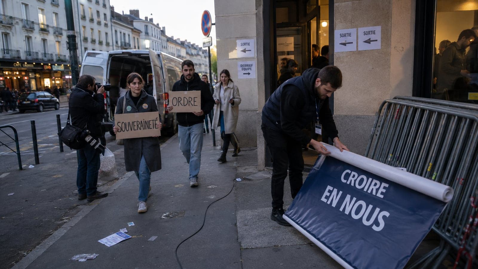 Après un meeting de campagne, une équipe remballe une bâche « croire en nous » tandis que des militants s'éloignent en portant des pancartes « souveraineté » et « ordre », un photographe de presse à proximité, illustrant la différence entre un slogan qui se remballe et des concepts qui circulent seuls