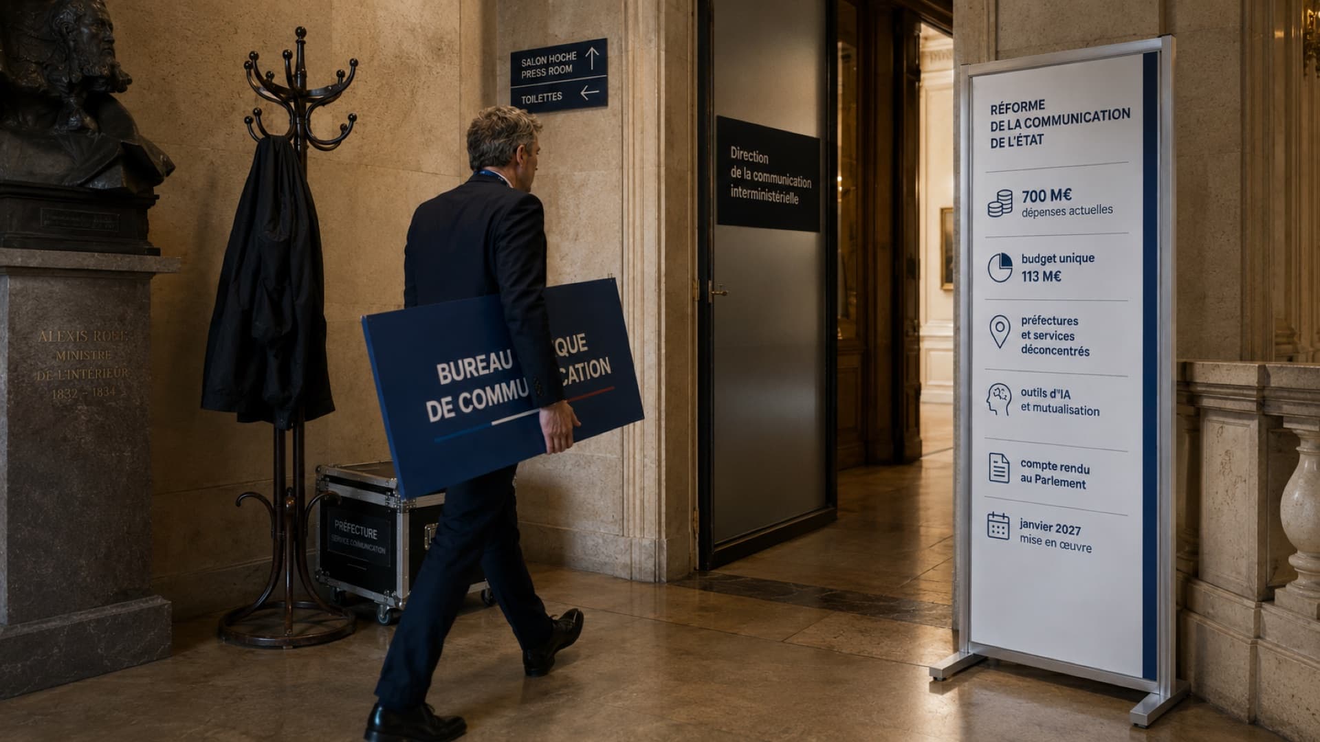 Couloir ministériel devant la direction de la communication interministérielle : un agent transporte un panneau Bureau unique de communication, une caisse Préfecture service communication au sol, et un totem Réforme de la communication de l'État affichant 700 millions d'euros de dépenses, un budget unique de 113 millions, les préfectures et services déconcentrés, les outils d'IA et la mutualisation, le compte rendu au Parlement et la mise en œuvre en janvier 2027