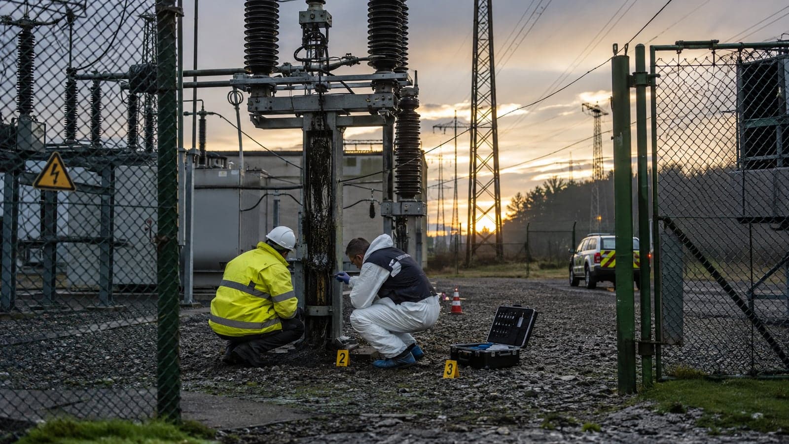 Au crépuscule, deux enquêteurs, l'un en gilet de sécurité, l'autre en combinaison de police scientifique, examinent un poste électrique endommagé derrière des marqueurs de preuve numérotés, un véhicule de police à l'arrière, illustration de l'enquête sur un sabotage du réseau électrique.