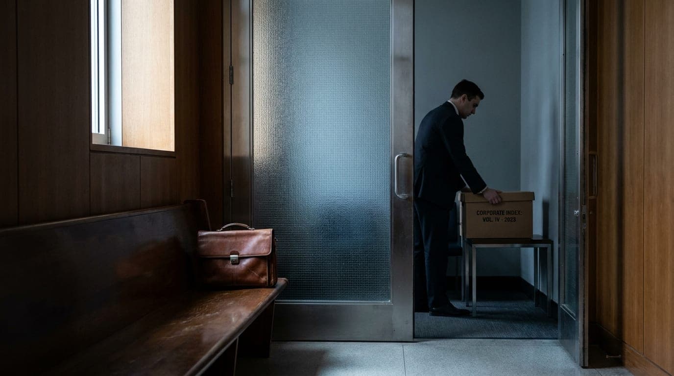 Illustration éditoriale : un homme en costume dépose une boîte d'archives d'entreprise dans une salle, une serviette en cuir posée sur un banc au premier plan