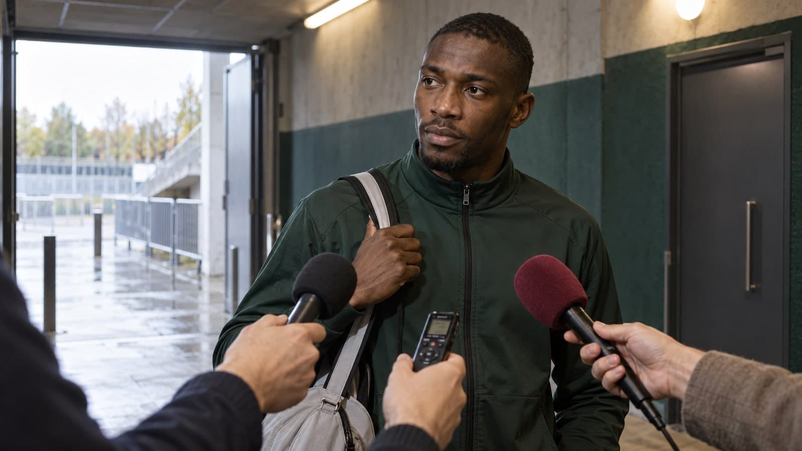 Dans le couloir d'un stade ouvert sur une esplanade mouillée, un sportif en veste de survêtement, sac de sport à l'épaule, est entouré de plusieurs micros et d'un enregistreur tendus vers lui par des journalistes hors champ ; il regarde de côté, l'expression réservée, illustrant le moment où une personnalité est sommée de répondre
